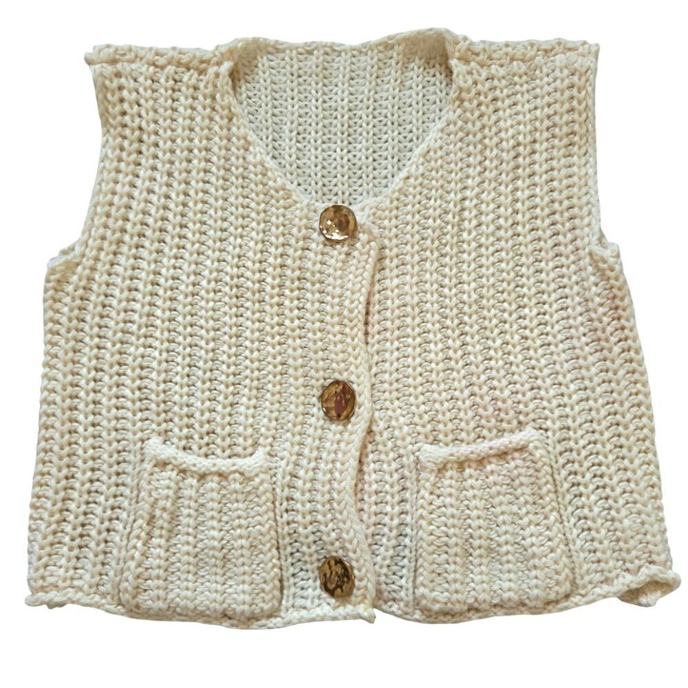 Crochet Sweater Vest Women's L Cream Cardigan Cottagecore Grannycore Cabincore